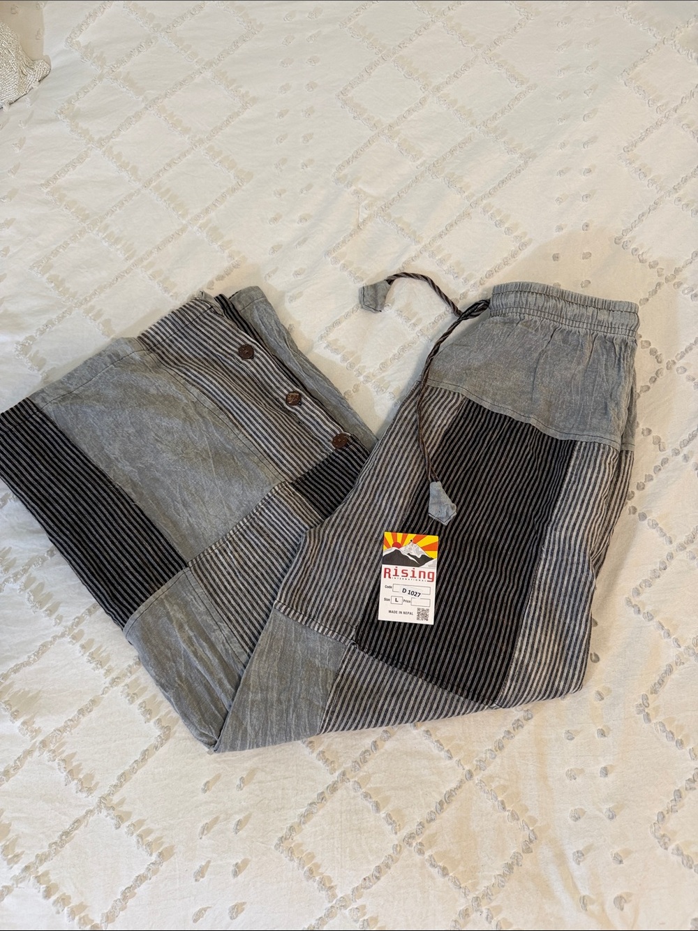 Rising International Gray Patchwork Stripe wide leg pants Kantha nwt cropped